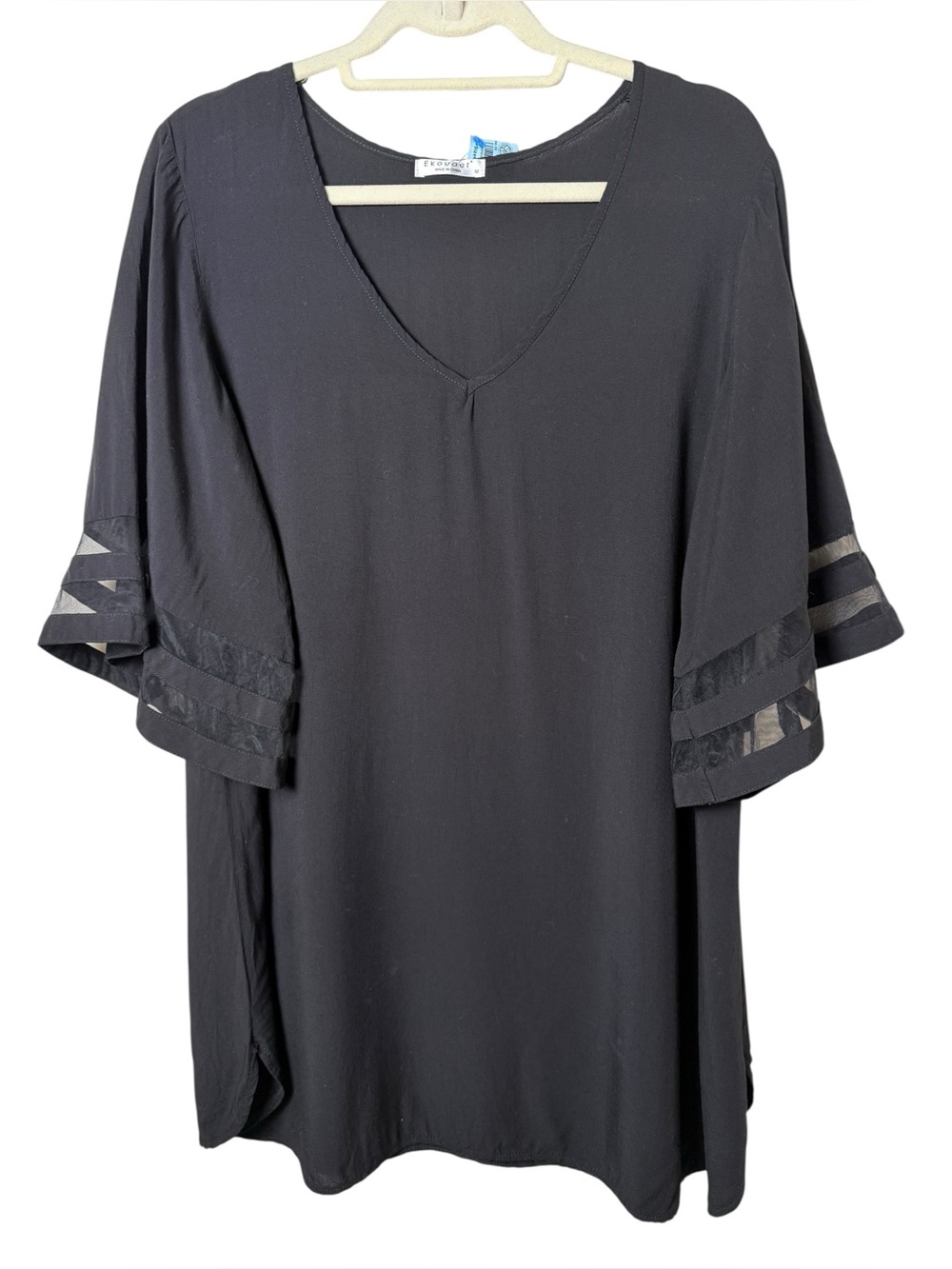 Ekouaer Medium V-neck Black Flutter Sleeve Tunic with Sheer Stripe Detail